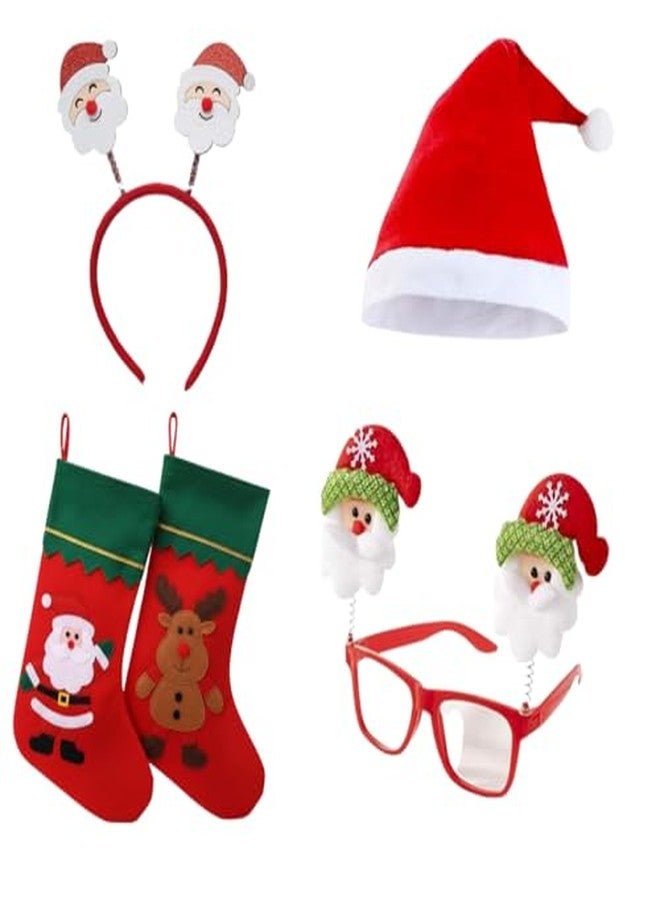 KHUSHA CREATIONS Christmas Accessories Combo Set | Santa Cap, Santa Headband, Santa Goggles & 2 Christmas Stockings | Xmas Party Dress Up Kit for Kids & Adults | Holiday Decoration & Santa Costume Props - Image 1